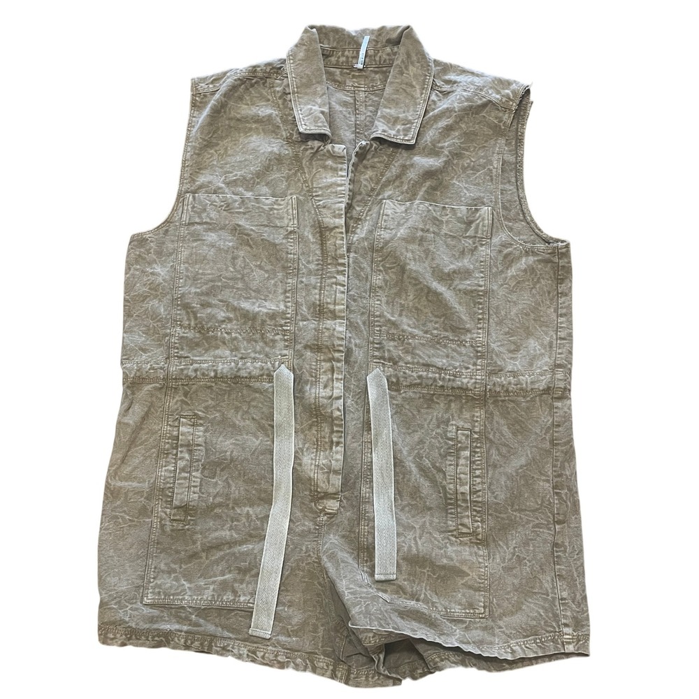 Free‎ People Rhodes Chino Tan Utility Linen Blend Romper Jumpsuit Women's Medium